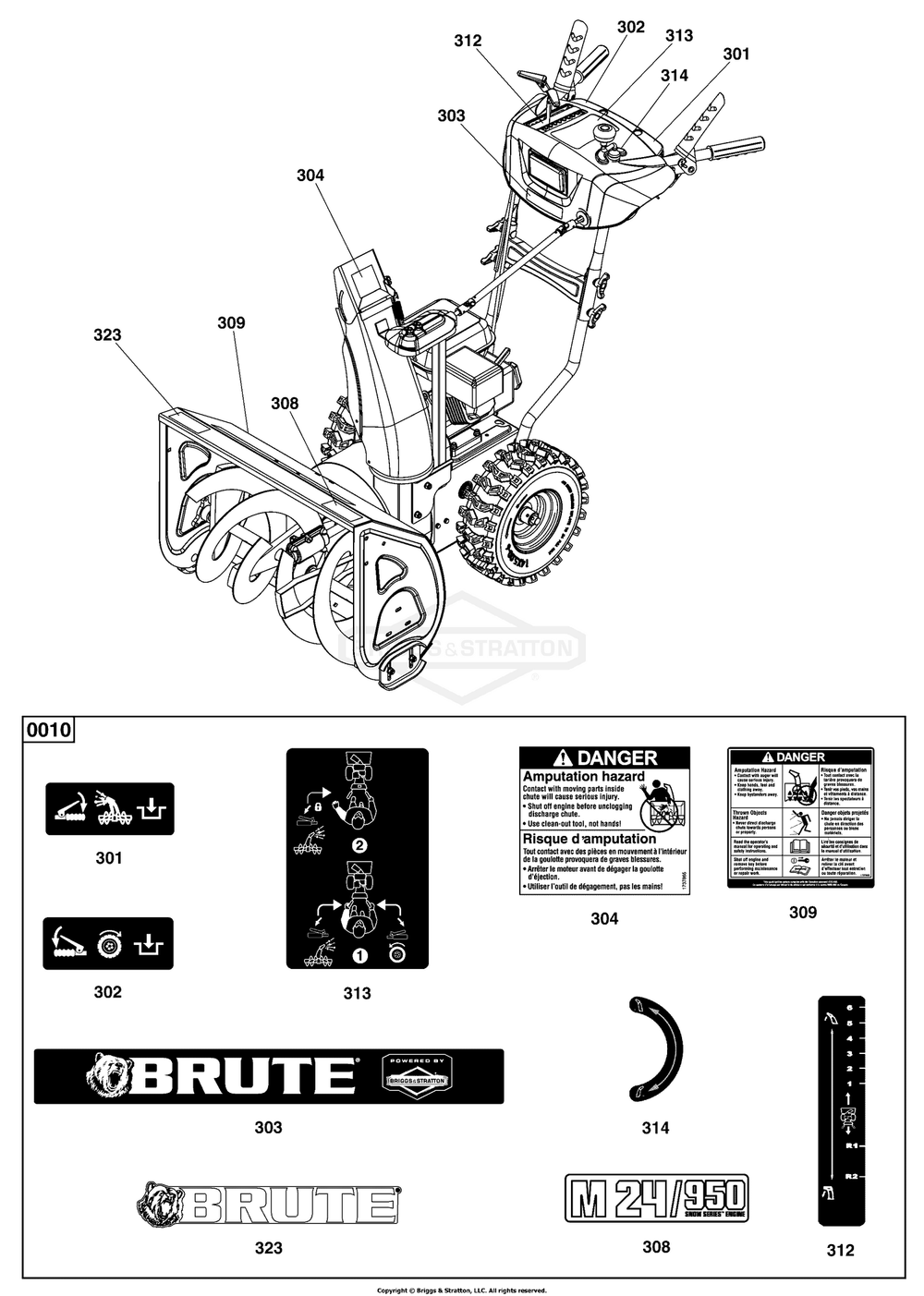 Decals Group Diagram and Parts List for 1696616-04 2017 Briggs and Stratton Snow Blower